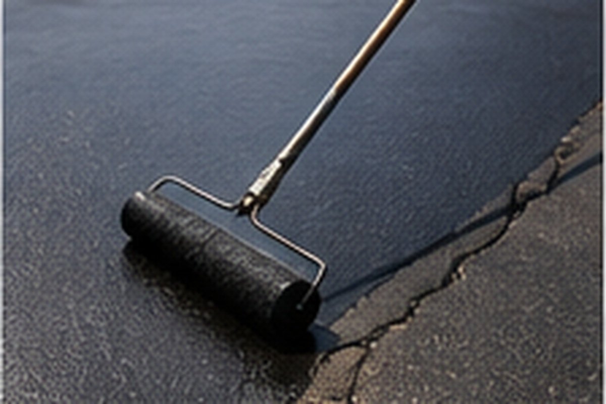 Roller application of crack sealant on Wichita commercial pavement