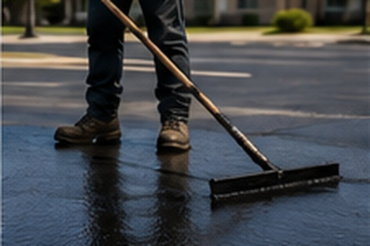 Close-up of a freshly sealed asphalt finish