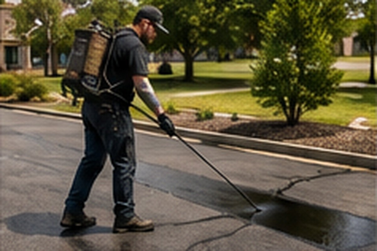 Spray sealcoating application on a Wichita commercial lot