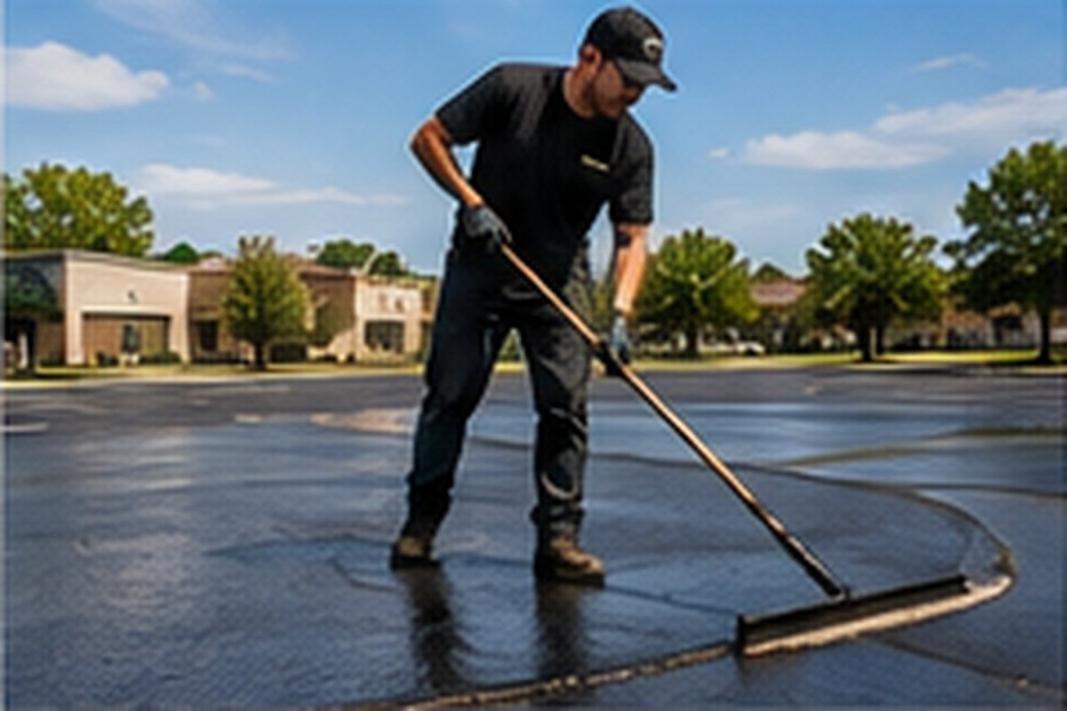 Hand squeegee sealcoat application detail on a Wichita commercial lot