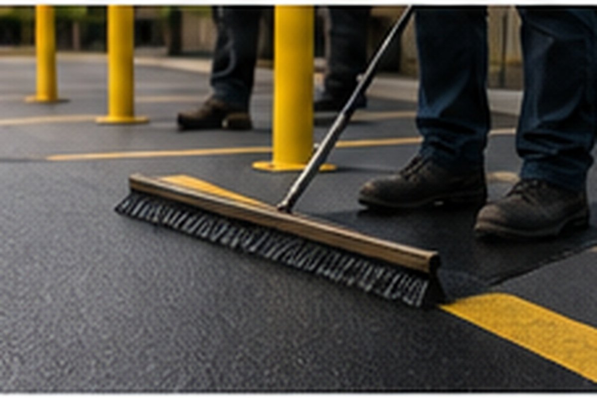 Surface preparation and brooming ahead of sealcoat application