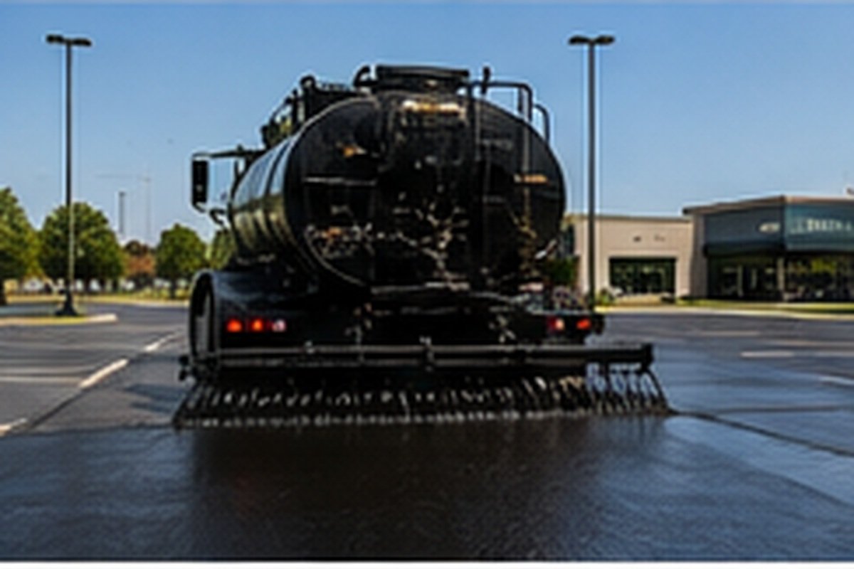 Spray rig applying sealcoat to a Wichita commercial parking lot